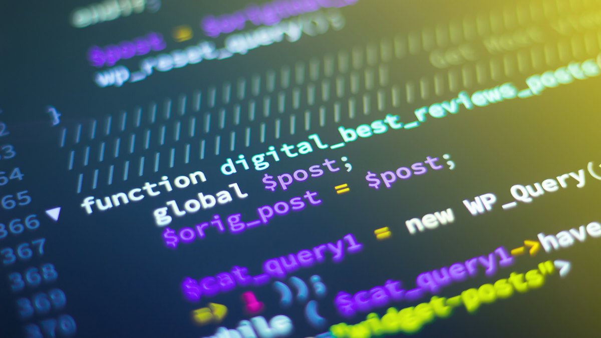 Close-up of colourful programming code on a screen